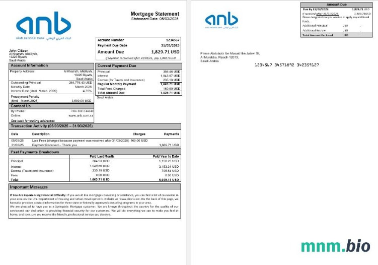 Arabia Saudyjska Arab National Bank ANB wyciąg z kredytu hipotecznego w formatach Word i PDF